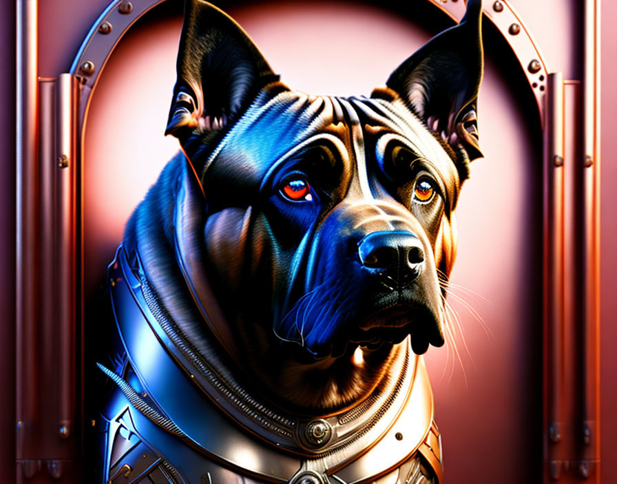Robotic dog digital artwork with metallic body and red eyes