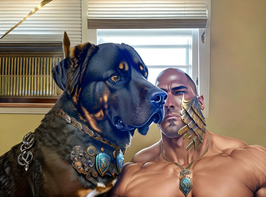 Muscular man and large dog in matching fantasy armor gaze sideways