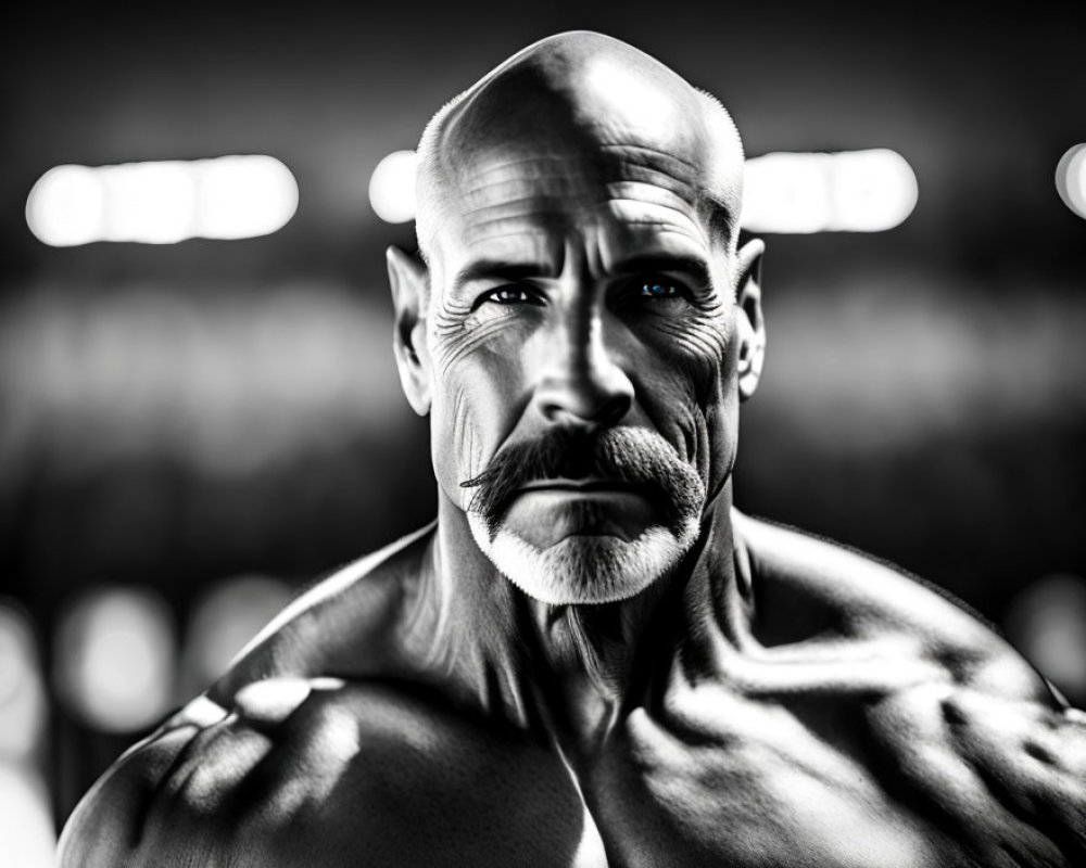 Monochrome portrait of bald man with mustache and intense gaze