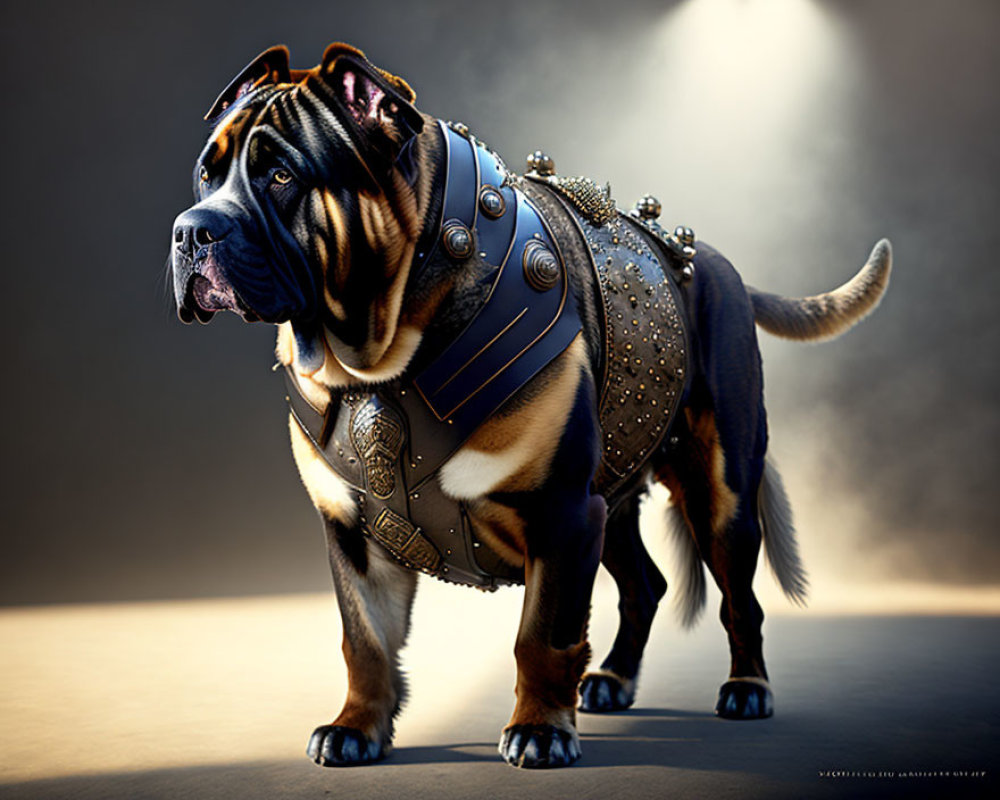 Stout Dog in Modern-Ancient Armor Artwork