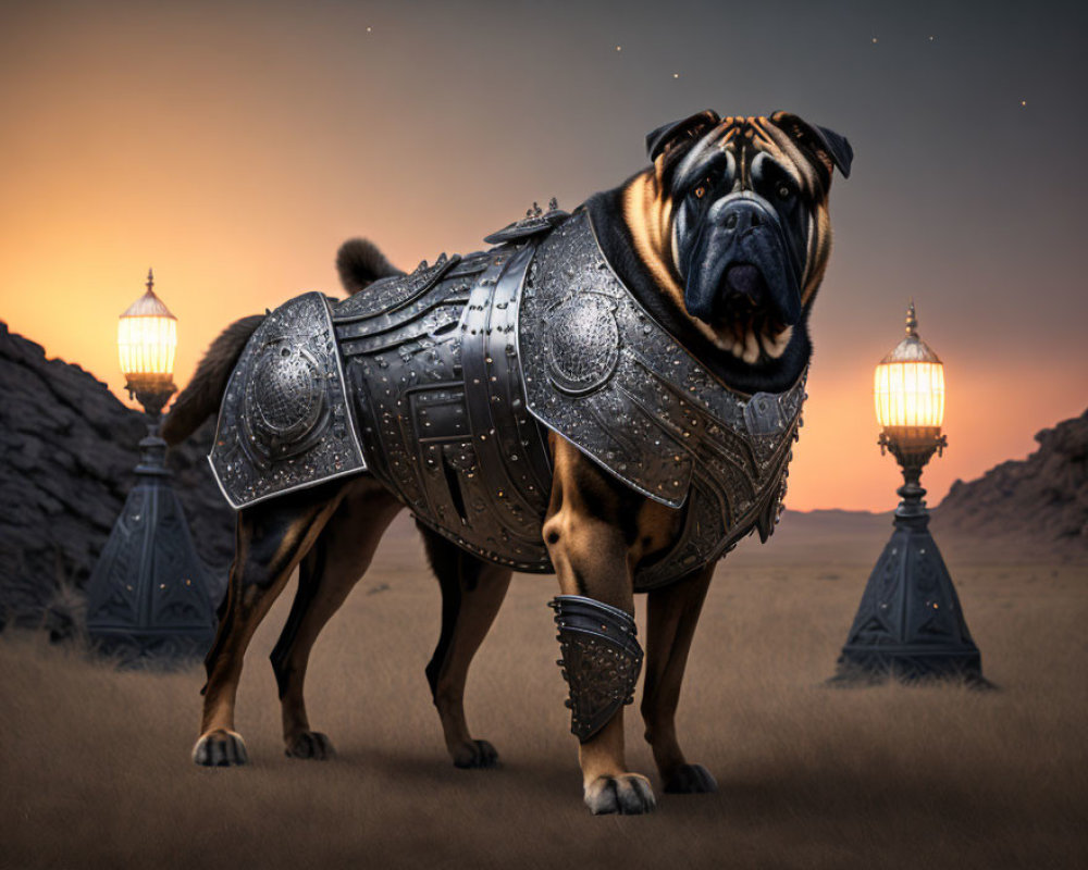 Pug in ornate armor in desert at dusk with lit lanterns