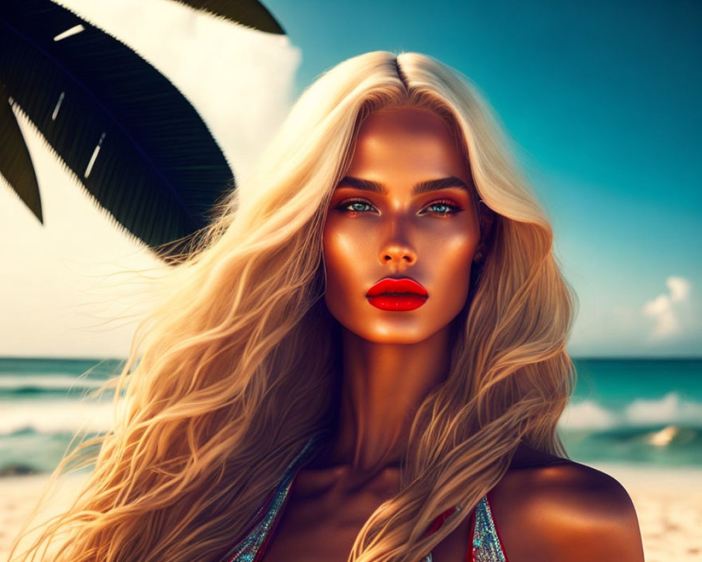 Digital Artwork: Woman with Blond Hair and Red Lipstick on Tropical Beach Background