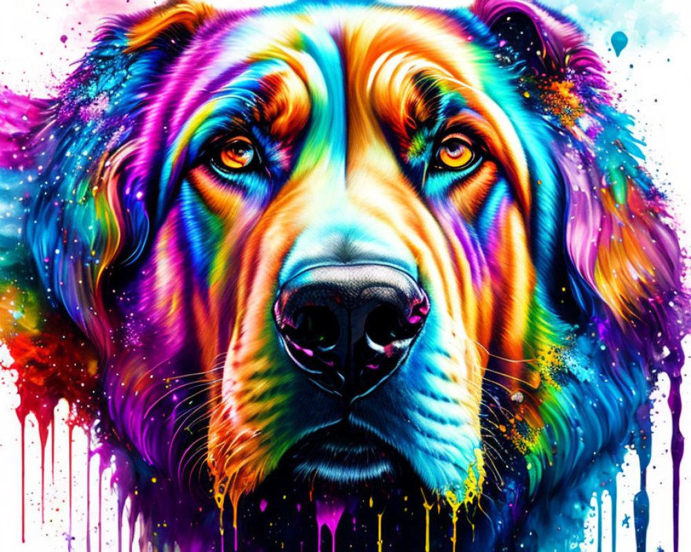 Colorful Portrait of Dog with Rainbow Splash on Bright Background
