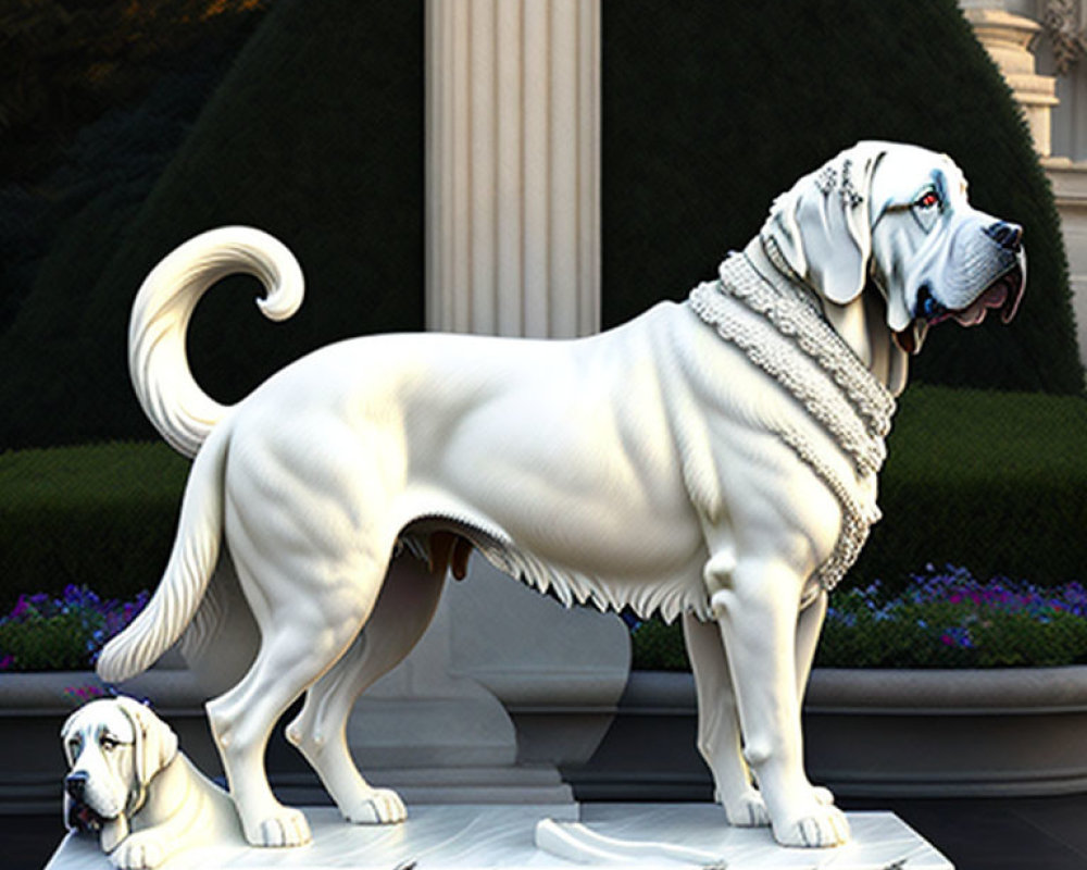 Two white marble dog statues on pedestal with detailed fur textures and expressive faces in garden backdrop