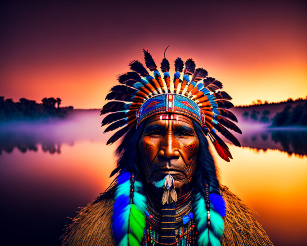 Native American in Traditional Headdress by Serene Sunset Lake