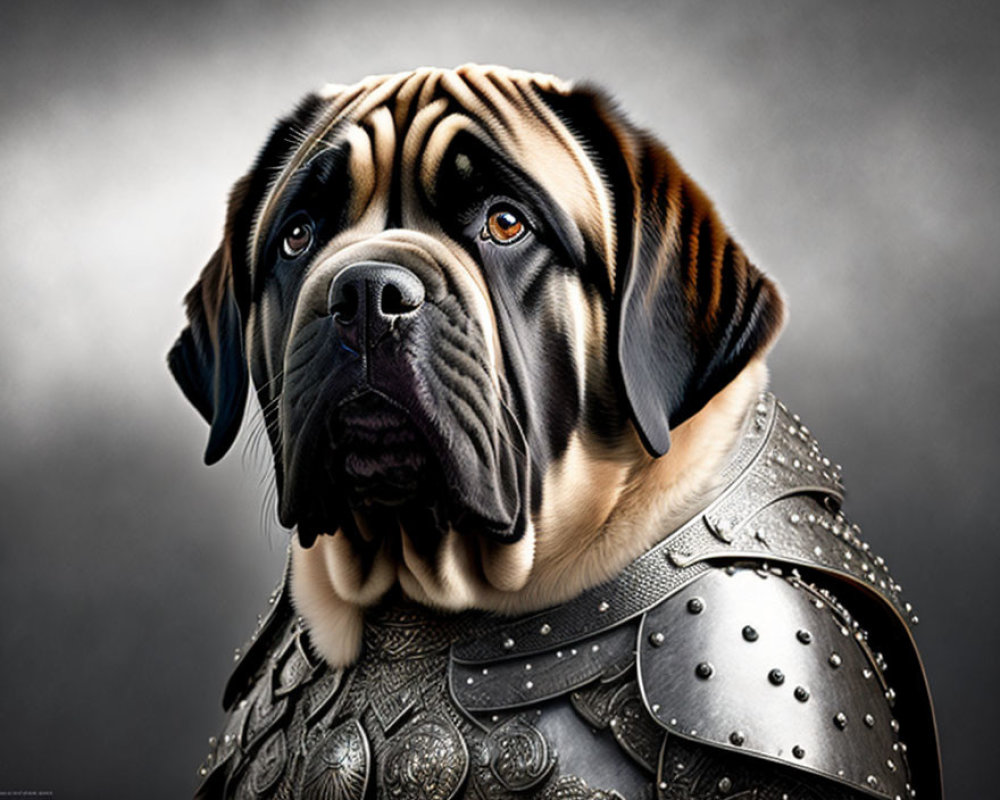 Large Dog in Medieval-Style Armor on Gray Background
