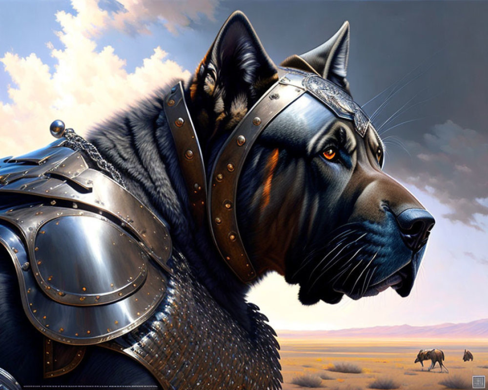 Detailed digital artwork: Black dog in medieval armor against sky backdrop