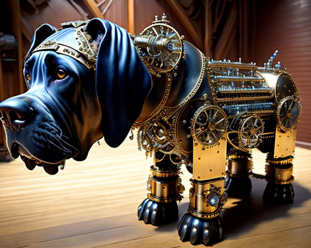 Steampunk-style mechanical dog sculpture with intricate gears and metallic parts