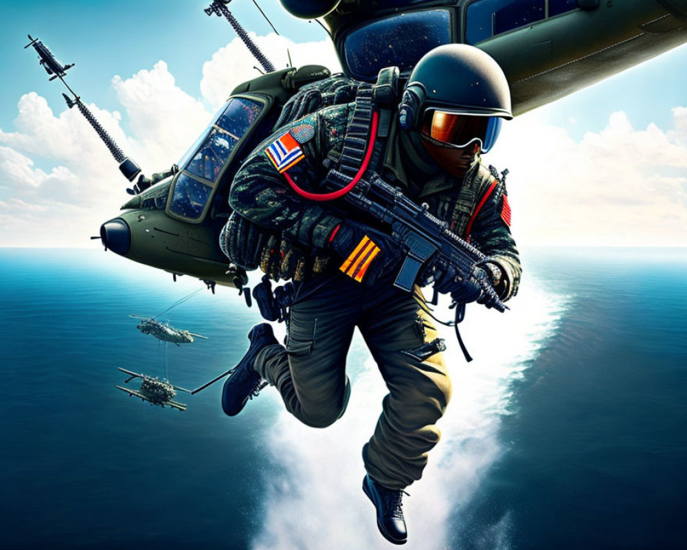 Military soldier in orange visor helmet jumps from helicopter into the sea