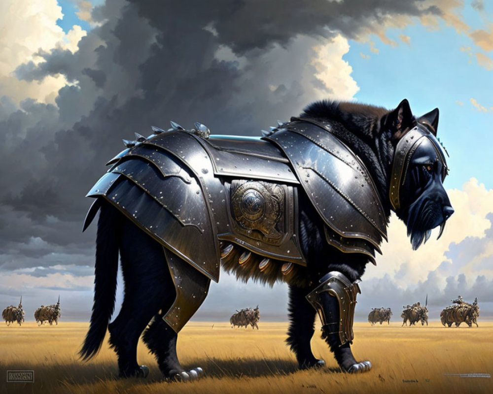 Armored black cat fantasy warrior on battlefield under dramatic sky
