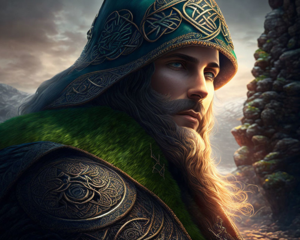 Bearded man in ornate armor and Celtic helmet on rocky backdrop