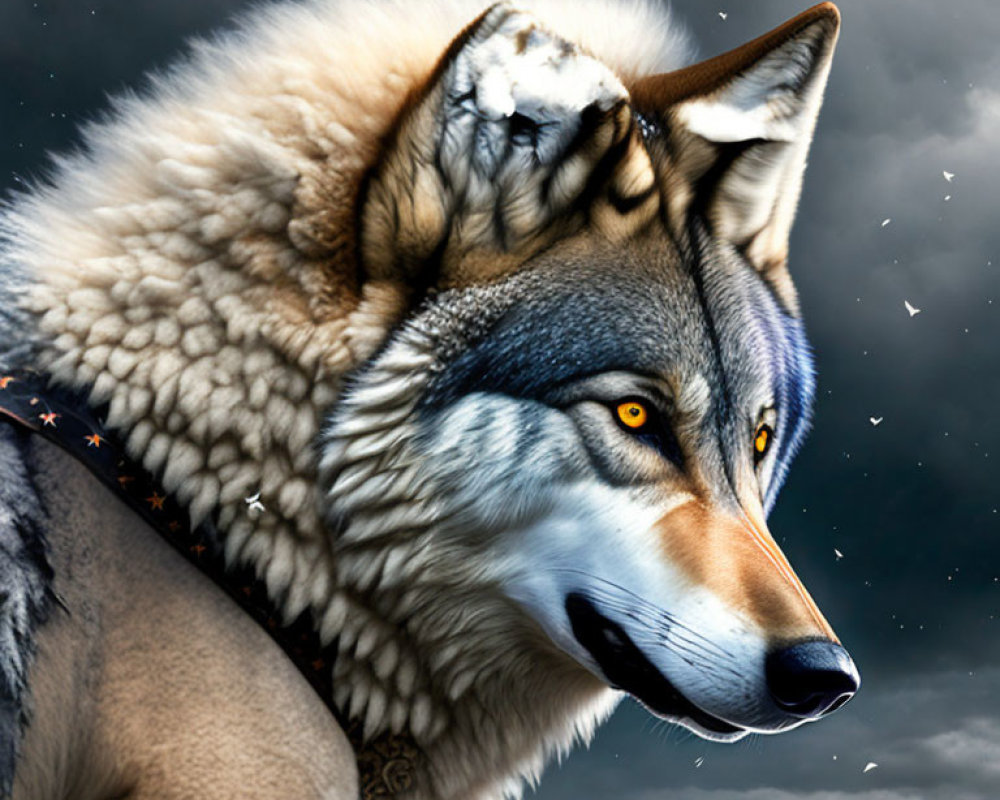 Detailed digital artwork: Wolf with piercing eyes under dramatic cloudy sky