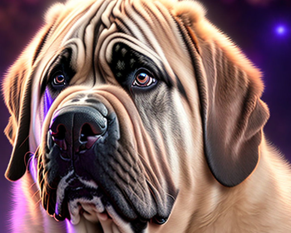 Wrinkly-faced dog illustration on purple starry background
