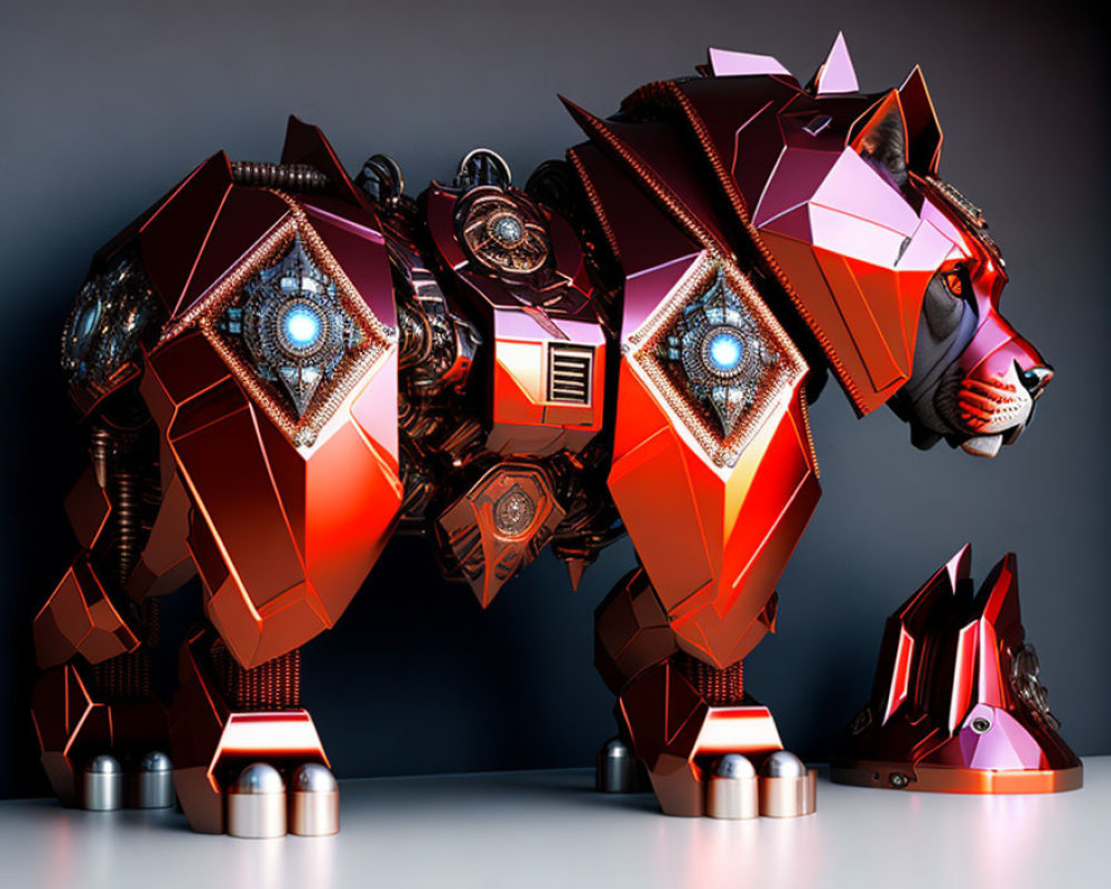 Stylized 3D rendering of two mechanical lions with glowing cores and geometric armor designs on a