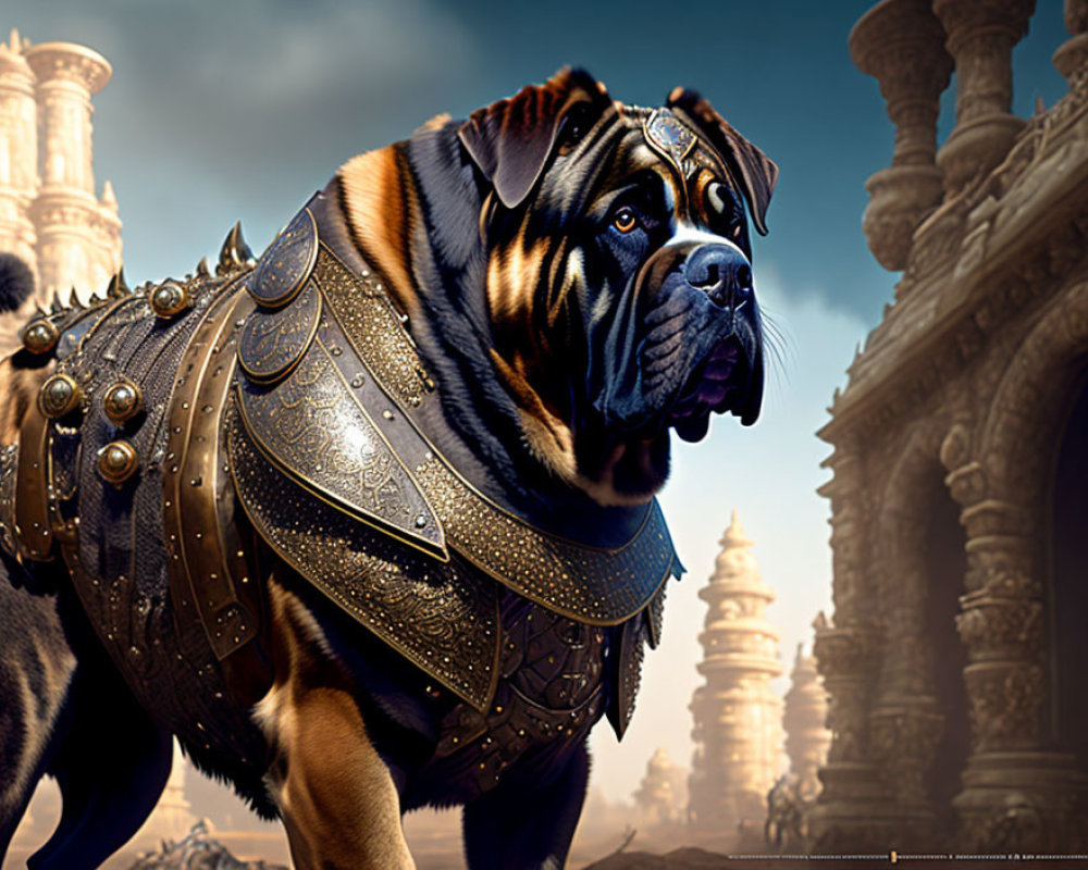 Large Mastiff-Like Dog in Ancient Warrior Armor Amid Desert Temples
