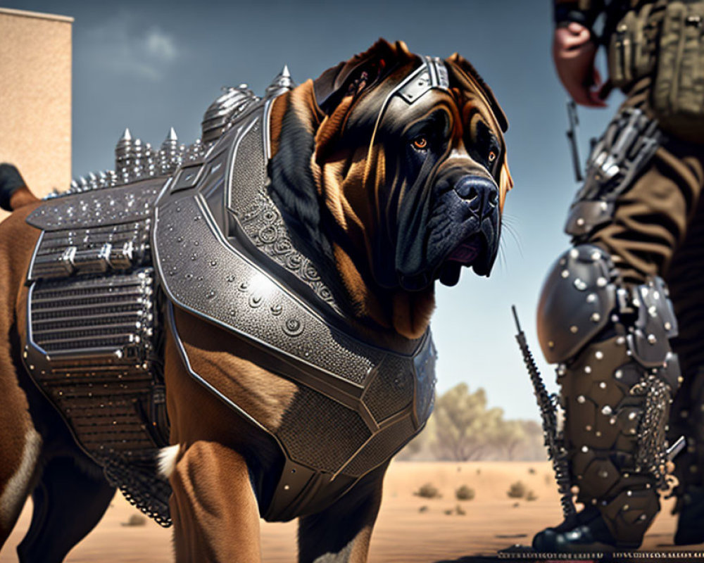 Muscular dog in futuristic armored vest with person in desert setting