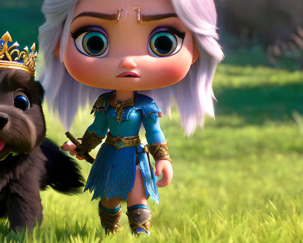 Short white-haired animated character in blue outfit with crown, large eyes, and black puppy in field