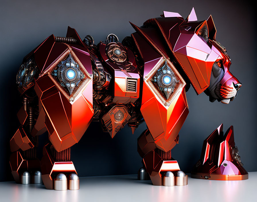 Stylized 3D rendering of two mechanical lions with glowing cores and geometric armor designs on a