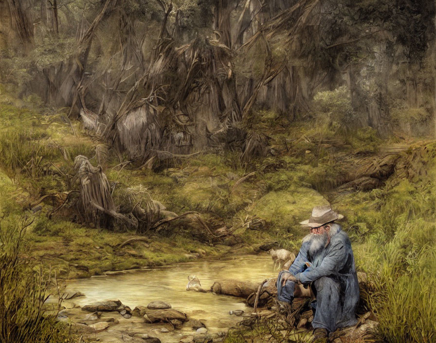 Elderly man with beard and hat by forest stream with dog