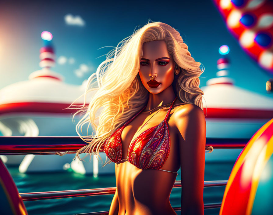 Blonde Woman in Red Bikini with Fantasy Background Illustration