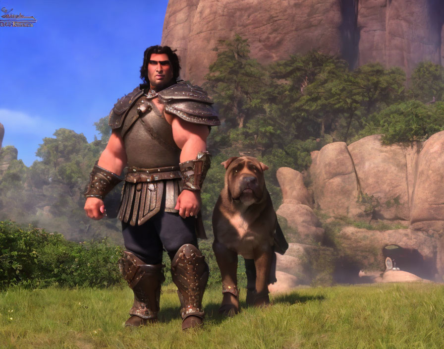 Muscular warrior with long black hair and mastiff in serene landscape