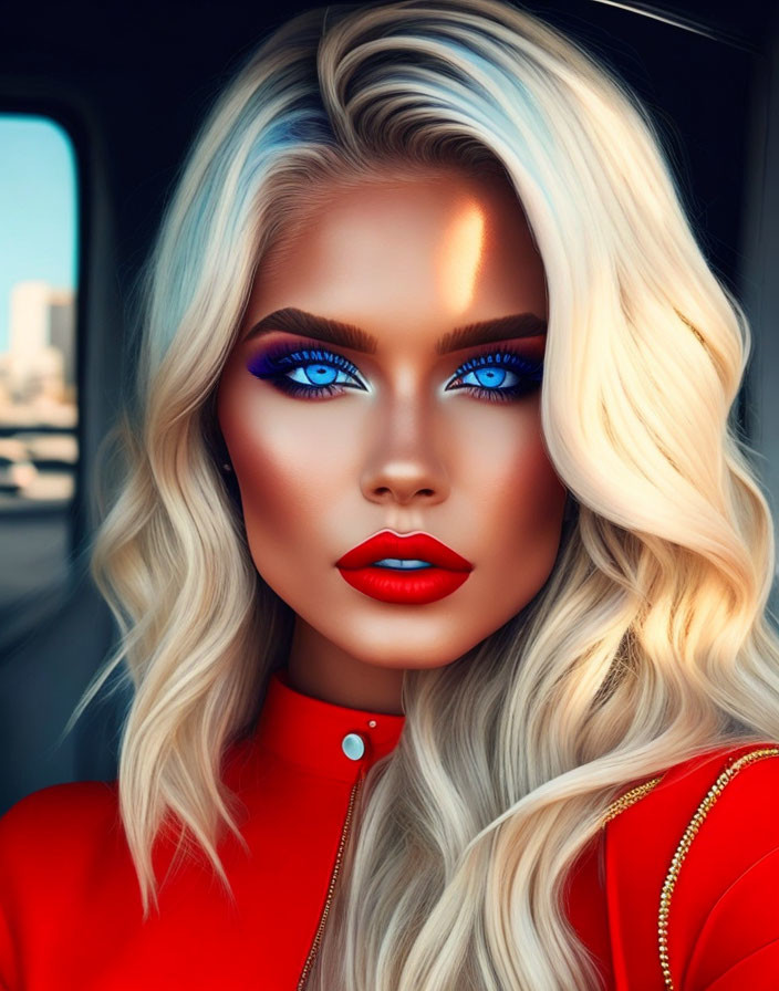 Portrait of a woman with blue eyes, bold makeup, red lips, and blonde hair