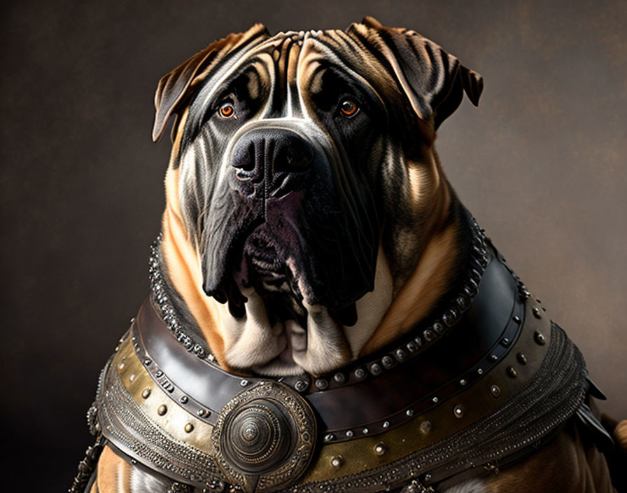 Regal Mastiff Dog in Ancient Armor Poses Nobly