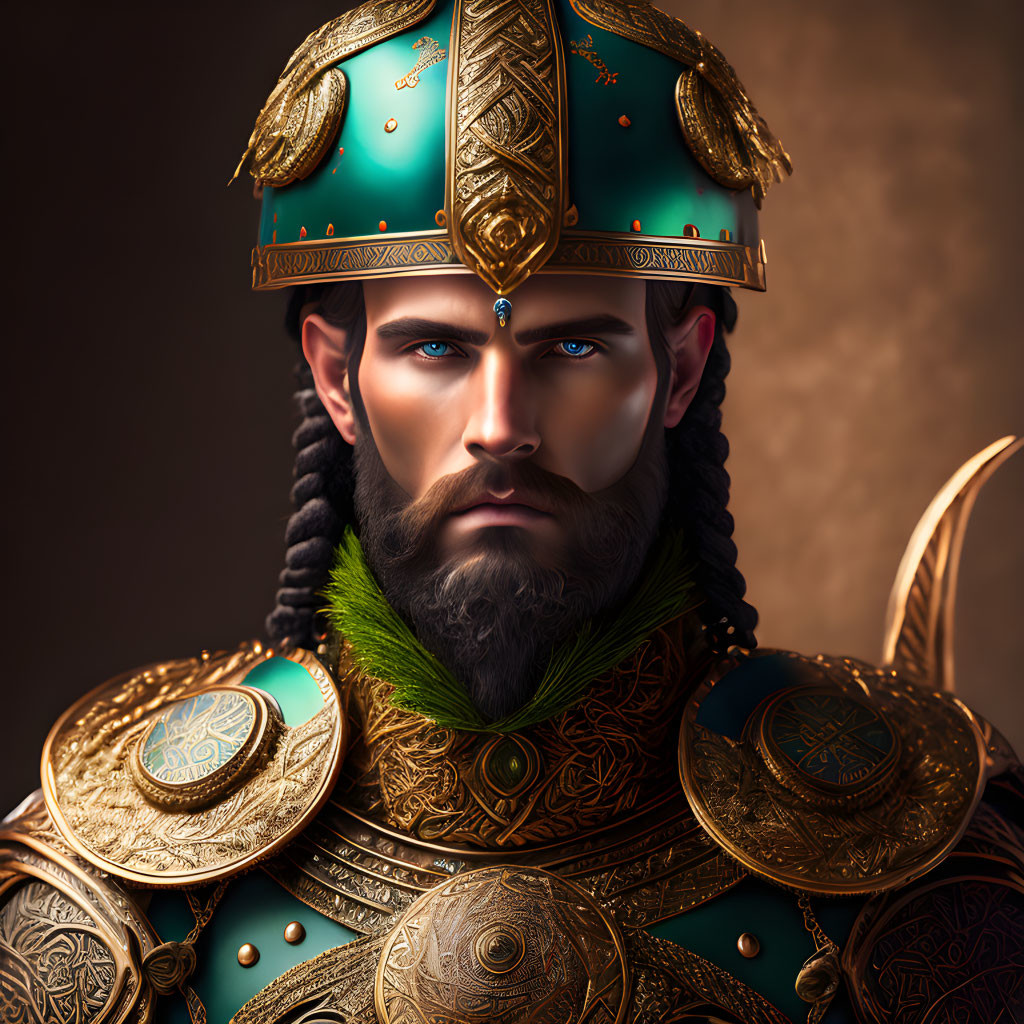 Regal figure with blue eyes in ornate turquoise and gold helmet