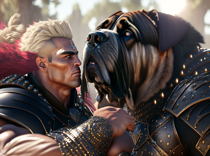 Digital Artwork: Stern Warrior with Mohawk and Mastiff in Armor