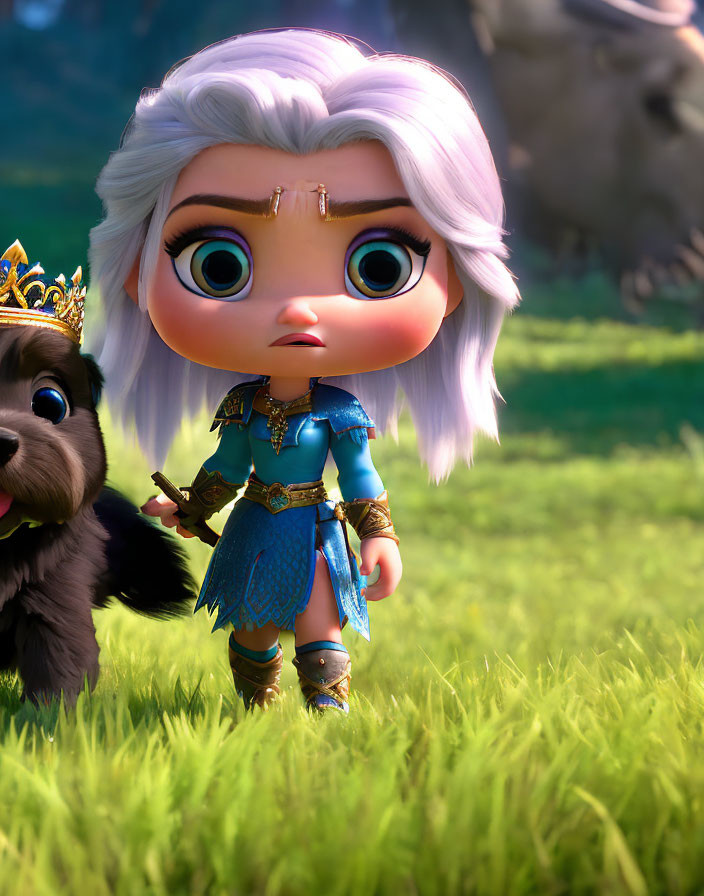 Short white-haired animated character in blue outfit with crown, large eyes, and black puppy in field