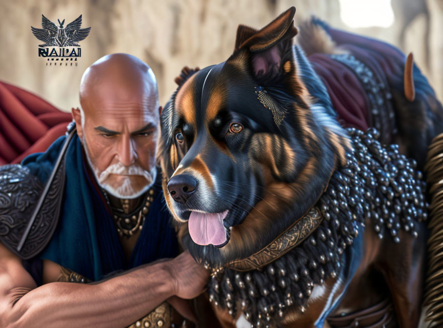 Detailed Bald Warrior in Armor Petting Realistic Dog