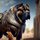 Muscular dog in futuristic armored vest with person in desert setting