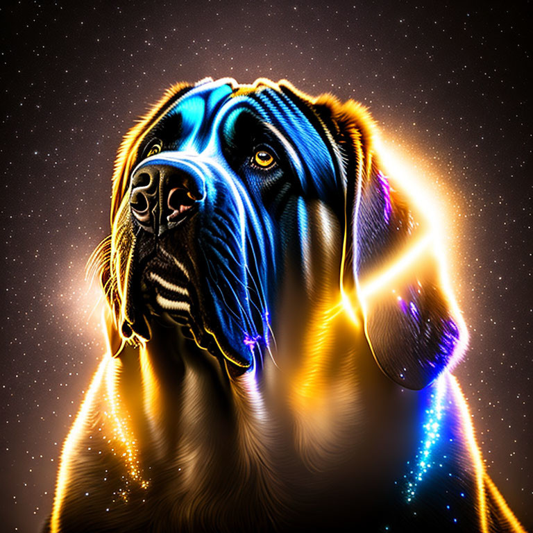 Labrador digital art with cosmic background and neon outlines