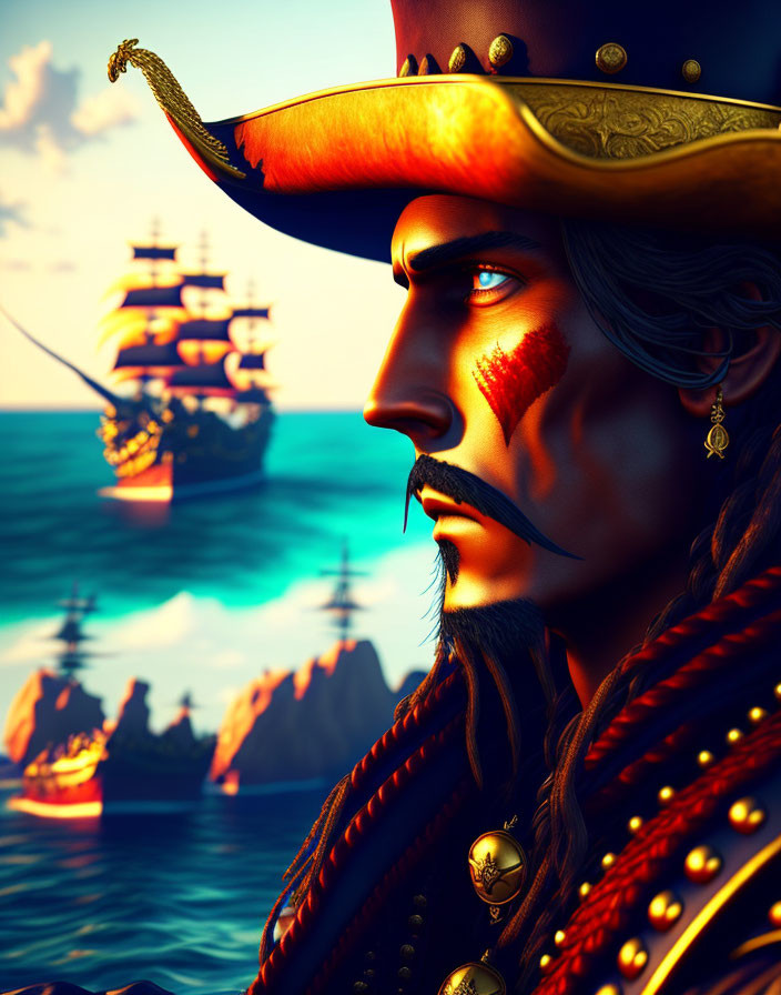 Detailed Pirate Captain Illustration with Golden Hat and Painted Eye