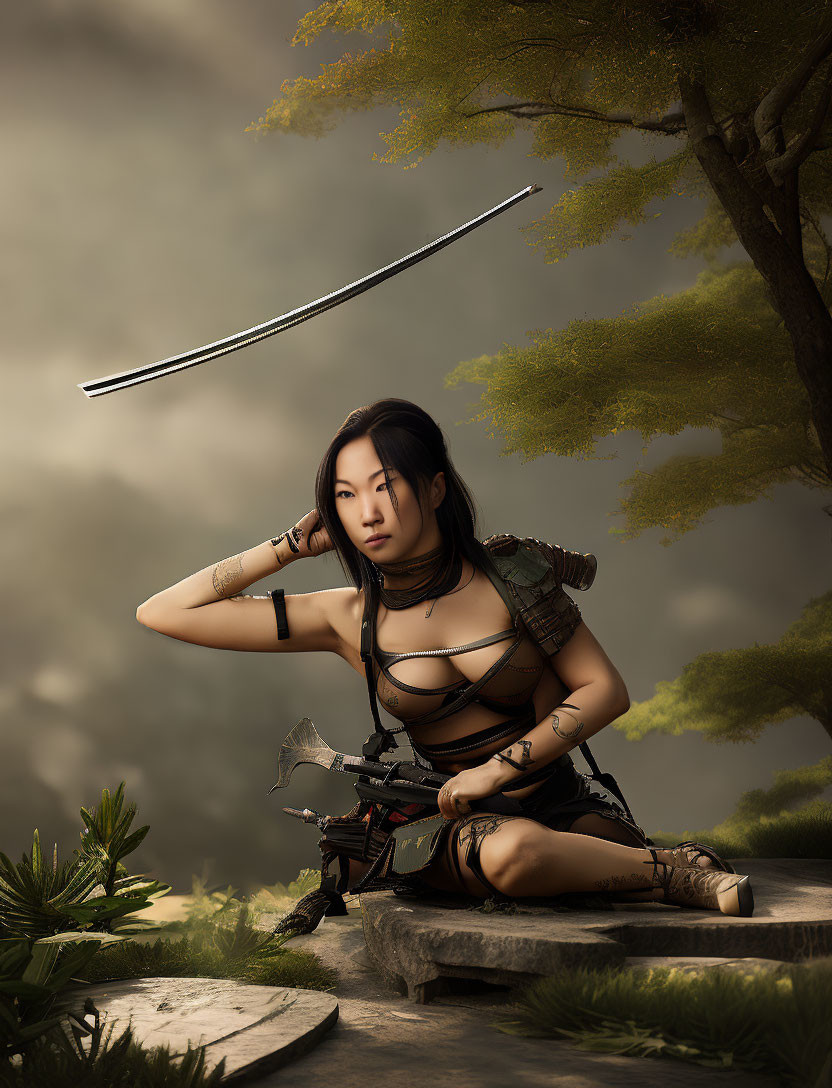 Warrior woman with katana in dramatic setting against lush greenery