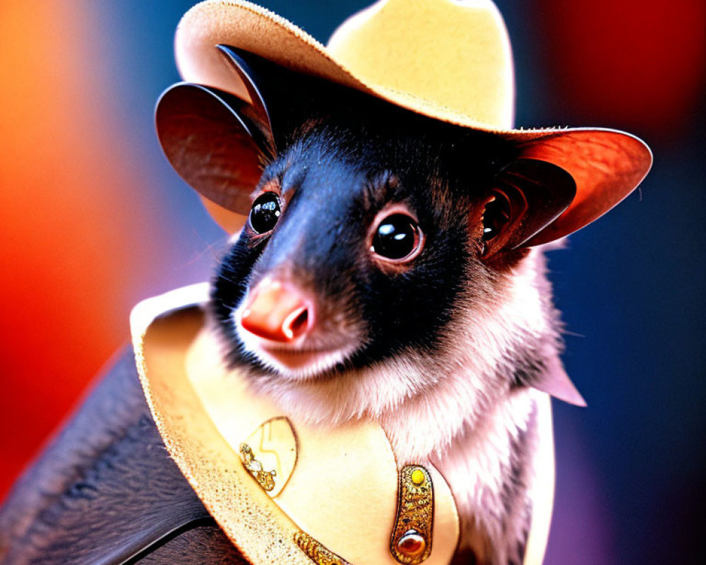 Stylized animal in cowboy hat and sheriff's badge on colorful background