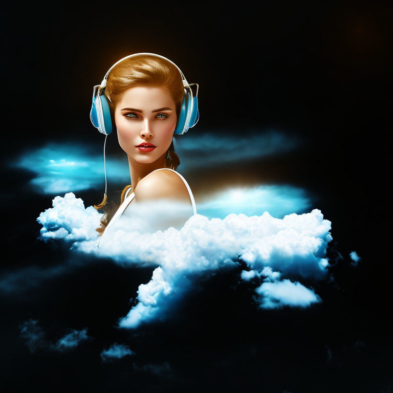 Woman with headphones sitting on clouds against dark sky backdrop
