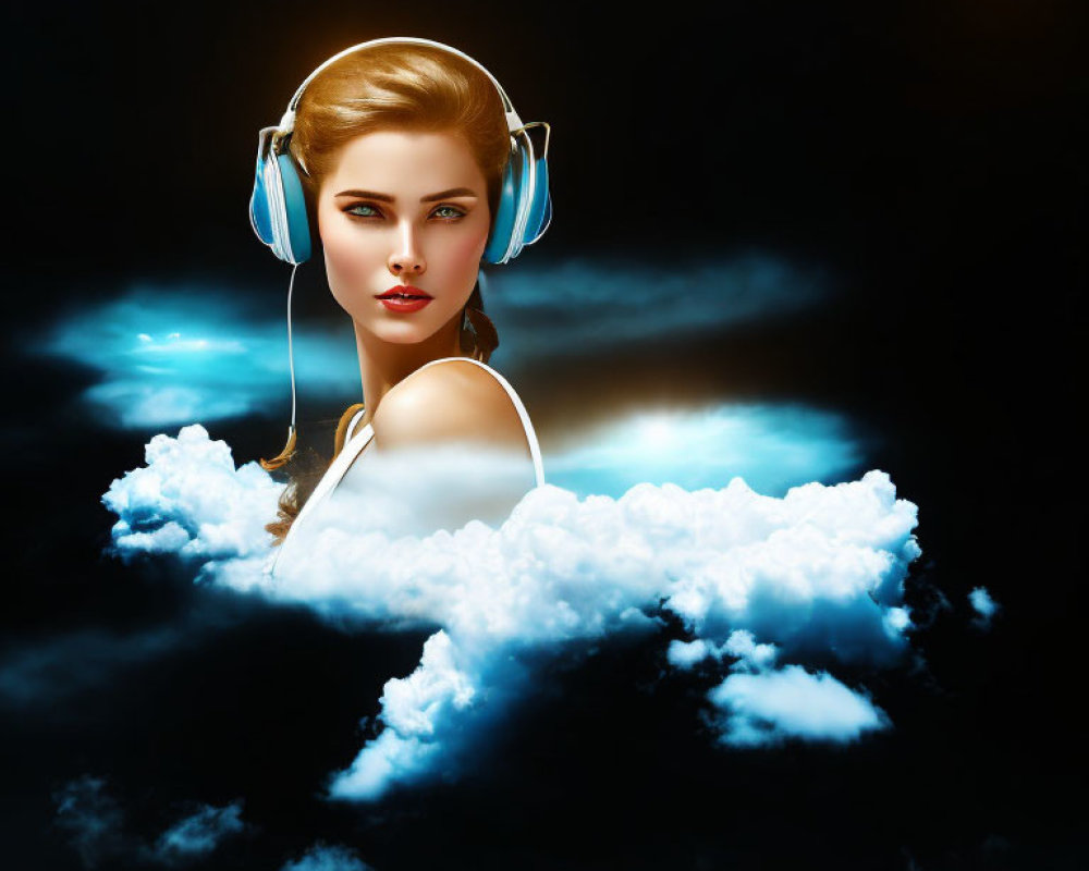 Woman with headphones sitting on clouds against dark sky backdrop