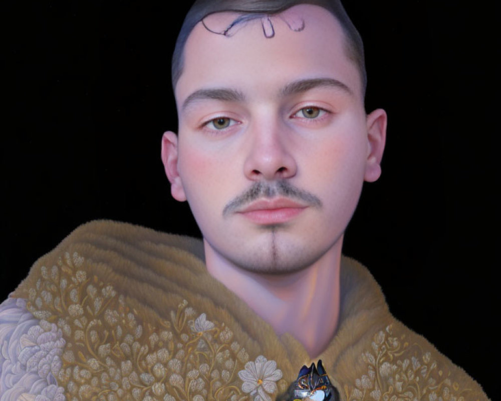 Digital portrait of a person with stylized forehead tattoo in gold and white embroidered garment with floral pattern and