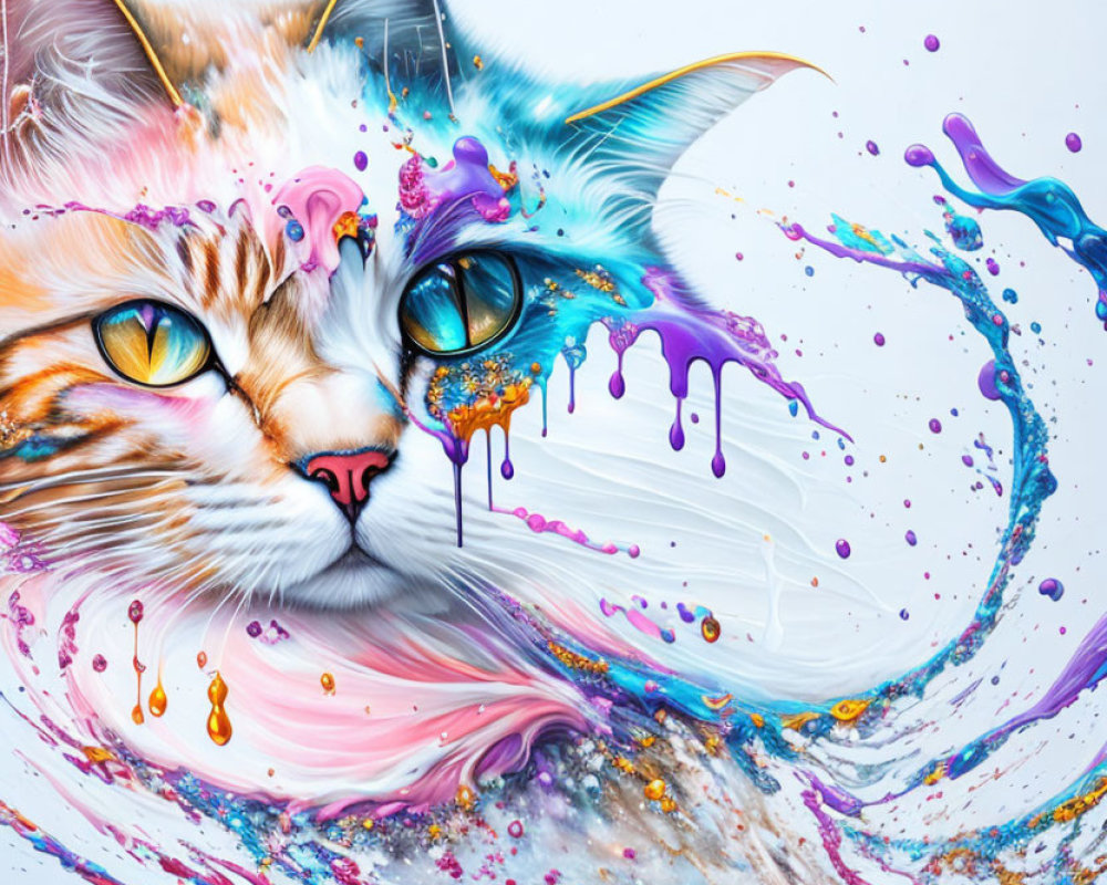 Colorful Abstract Cat Artwork with Paint Splashes and Swirls