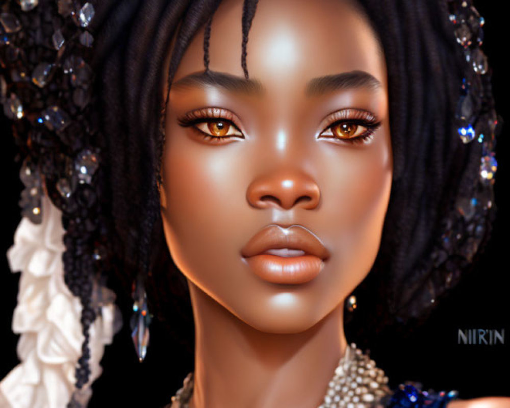 Detailed digital portrait of a woman with luminous skin and intricate jewelry, exuding regal essence