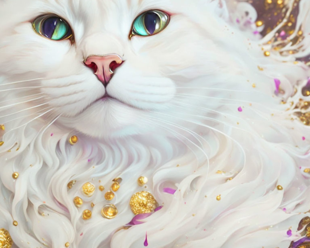 Fluffy White Cat Digital Illustration with Green Eyes and Gold/Pink Accents