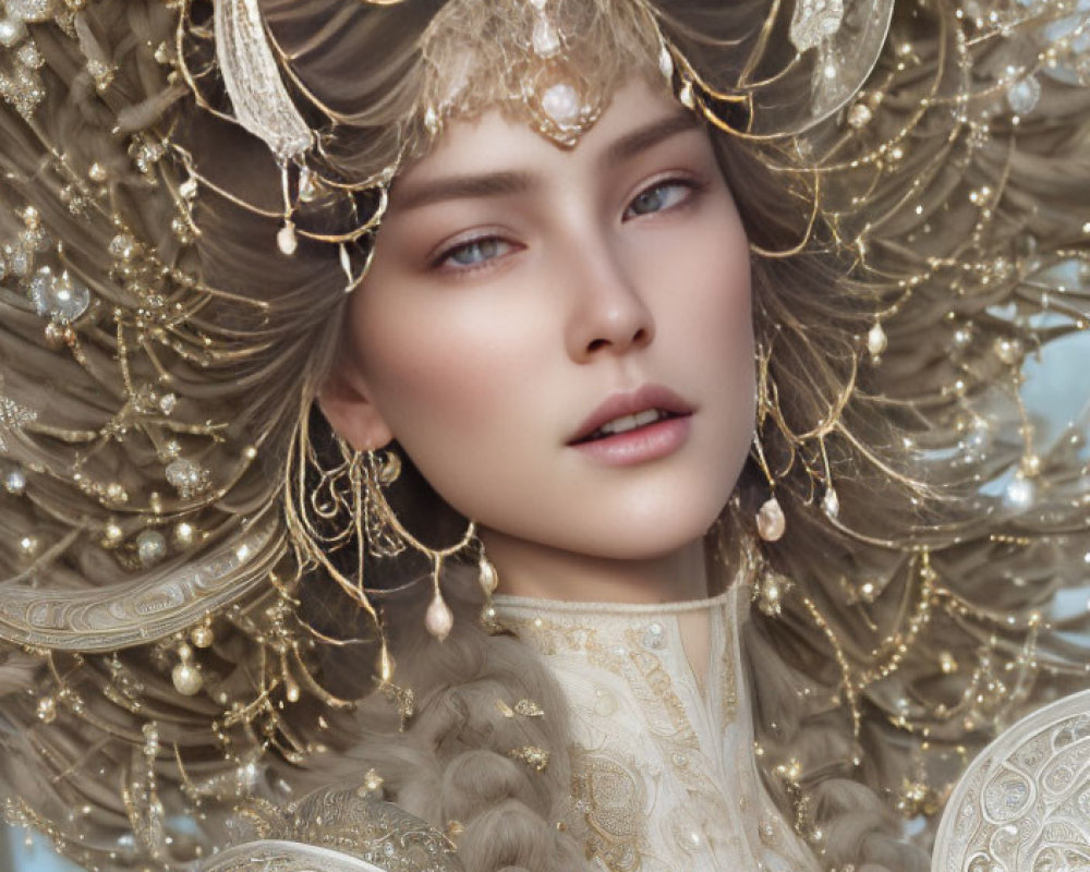 Elaborate Gold Headdress and Ivory Attire Portrait