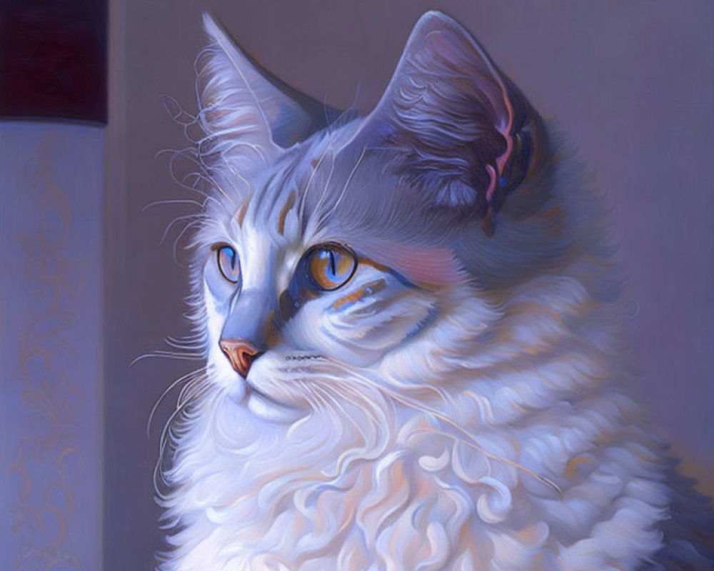Fluffy White and Gray Cat with Blue Eyes on Purple Background