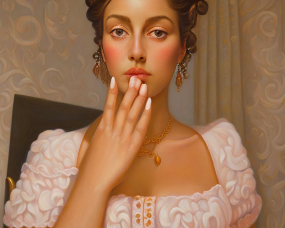 Portrait of Woman in White Off-Shoulder Dress with Gold Jewelry
