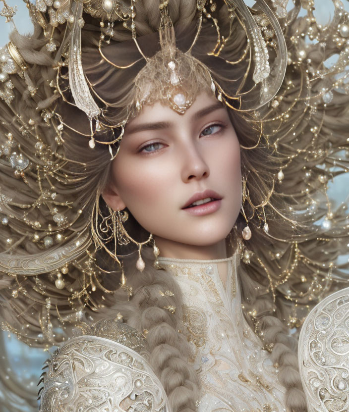 Elaborate Gold Headdress and Ivory Attire Portrait