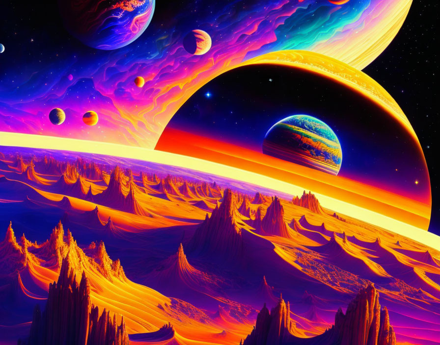 Colorful Sci-Fi Landscape with Rocky Formations and Multiple Planets