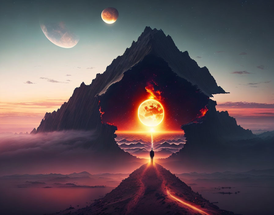 Surreal mountain scene with glowing orb and two moons