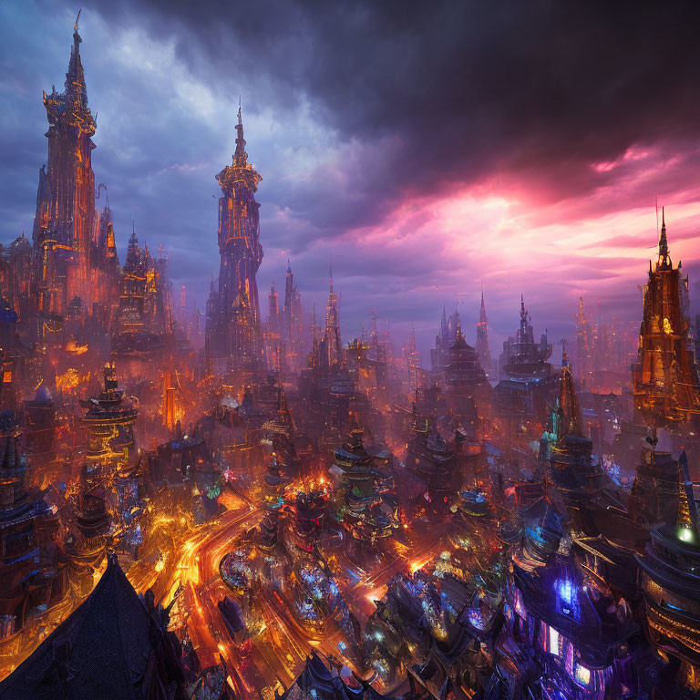Majestic cityscape at dusk with glowing lights, spires, ornate buildings, and bustling