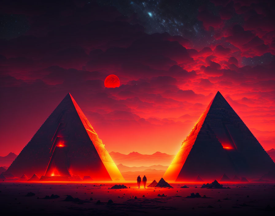 Two individuals under red moon between illuminated pyramids in surreal desert landscape